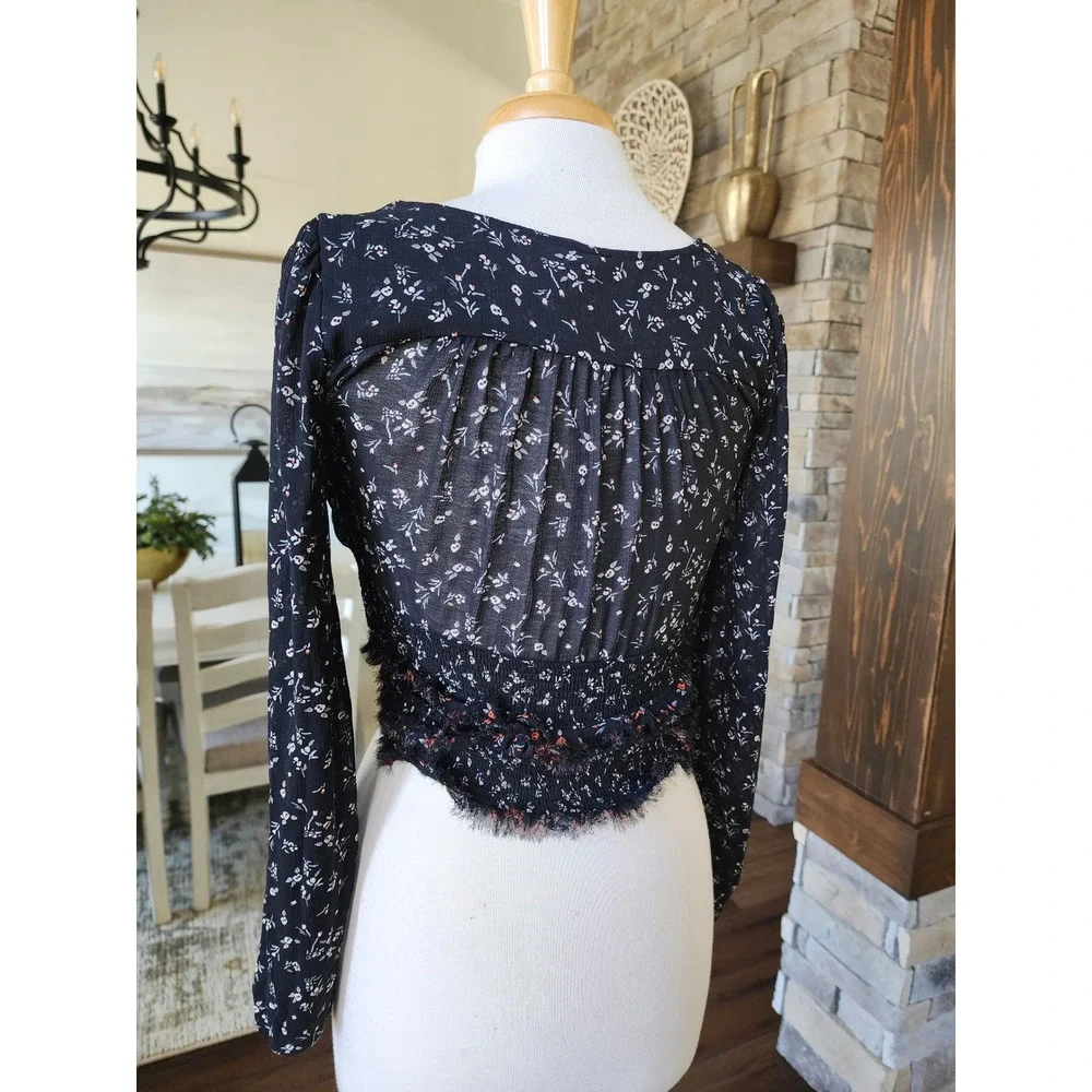 Free‎ People Boho Black Floral Smocked Lolita Long Sleeve Square Neck Womens XS